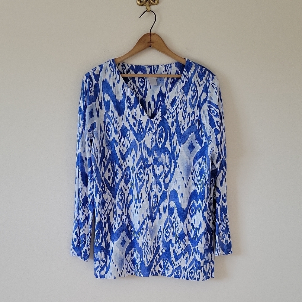 Chico's Blue White Ikat Long‎ Sleeve Split Neck Linen Tee Size XL
